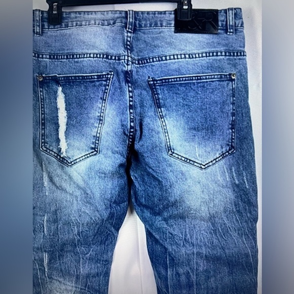 Y&R Men’s Blue Distressed Ribbed Knee Patched Jeans Size 34/32 New - Picture 7 of 11